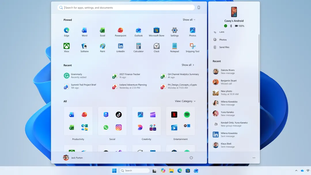 Windows Insider тестирует панель активности телефона в меню «Пуск»