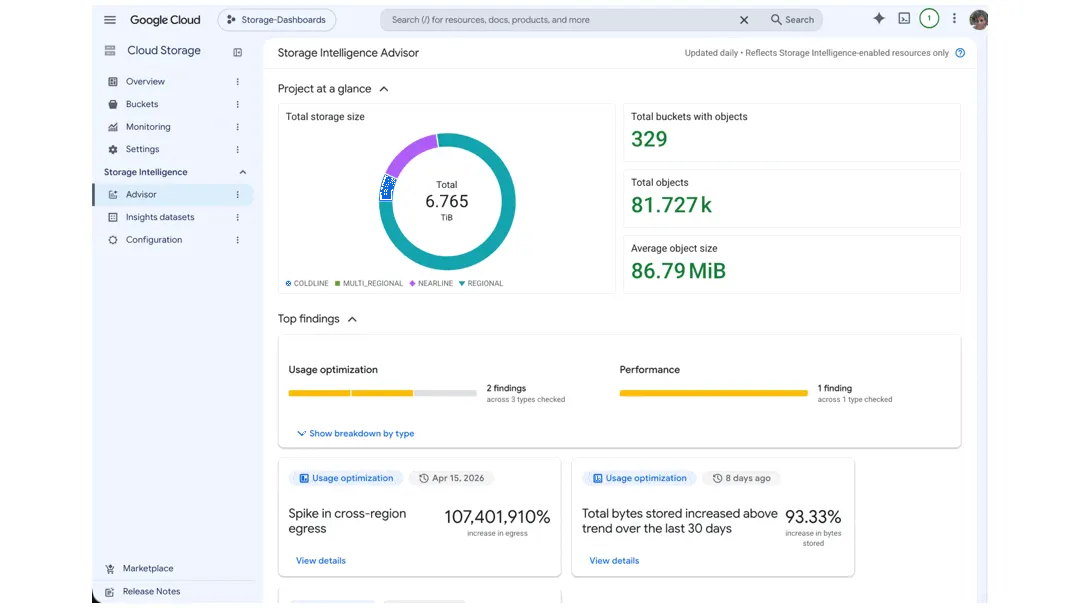 Google Cloud Storage Intelligence вышел в GA: аномалии за 24 часа и пакетные задачи на 1000 бакетов