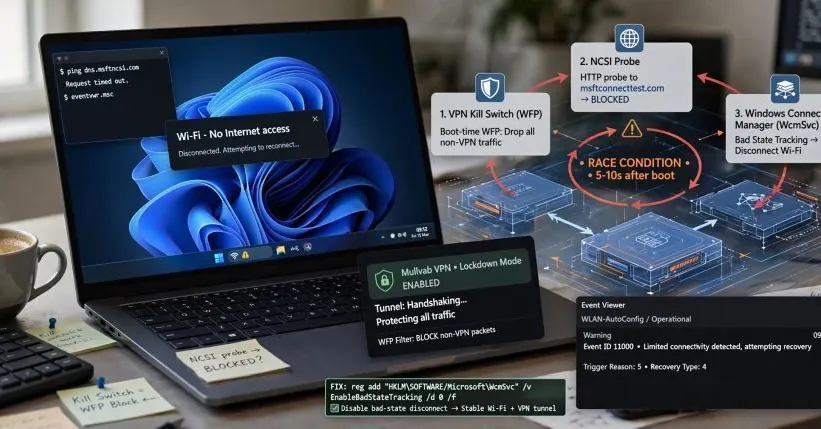 Windows 11 сбрасывает Wi-Fi при загрузке из-за VPN kill switch