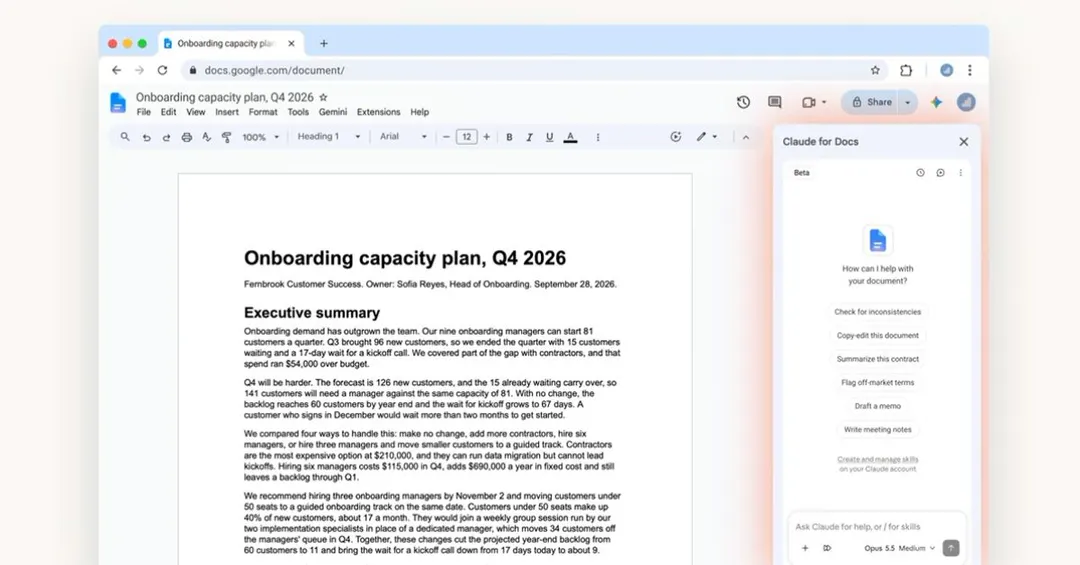 Claude интегрировался с Google Docs, Sheets и Slides через боковую панель
