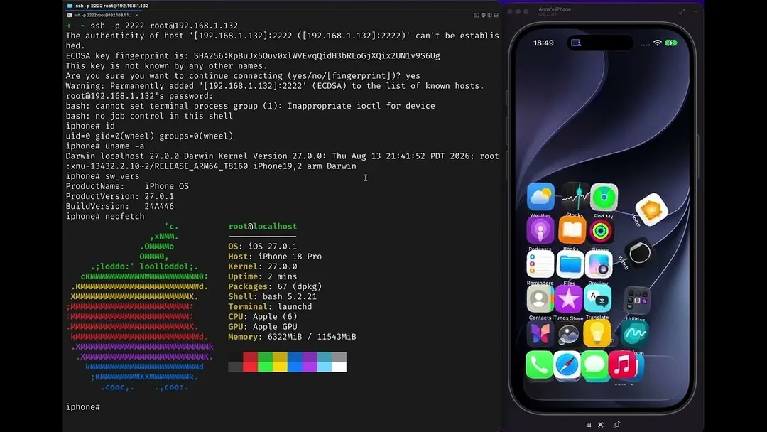 Calif показала непривязанный джейлбрейк iOS 27.0.1 на iPhone 18 Pro