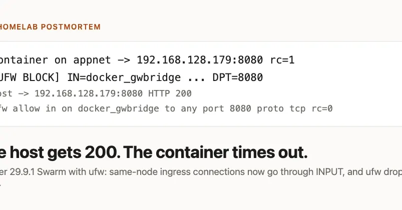 Docker 29.8+ ломает доступ контейнеров Swarm к портам своего узла при ufw