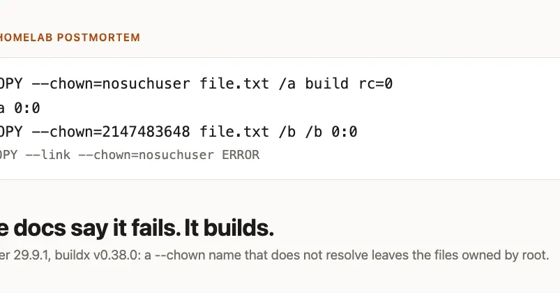 BuildKit молча отдаёт файлы root при несуществующем --chown