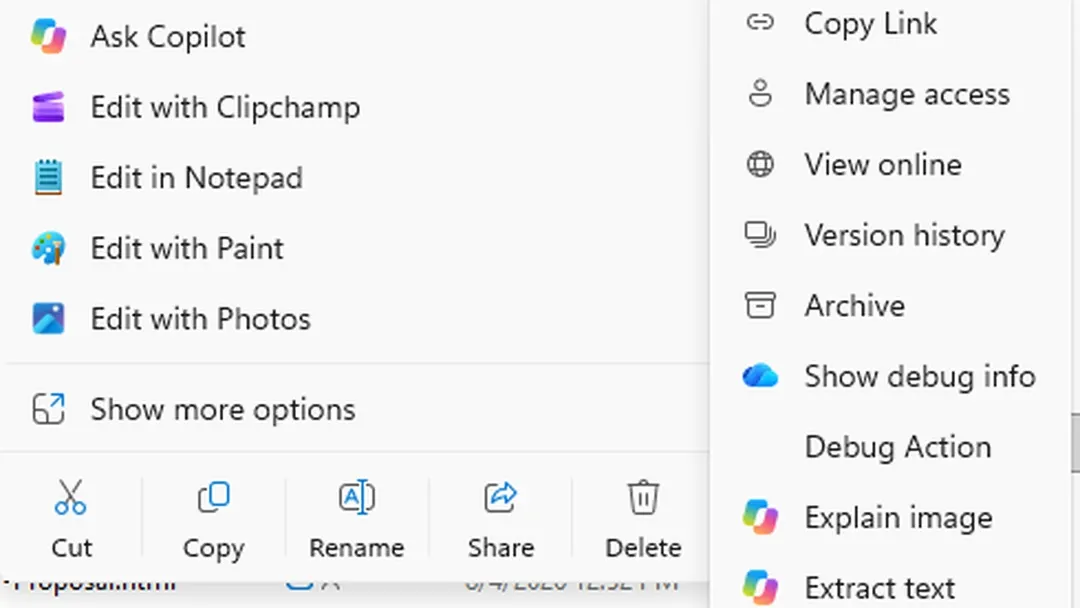 Microsoft убирает восемь ярлыков Copilot из меню OneDrive